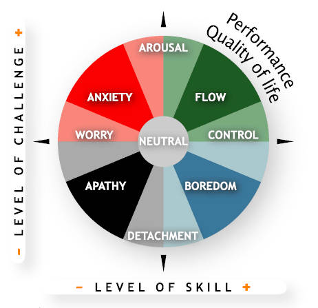 InterQualia skills assessment wheel, representing performance and quality of life as a function of the level of challenge of a task and skill level