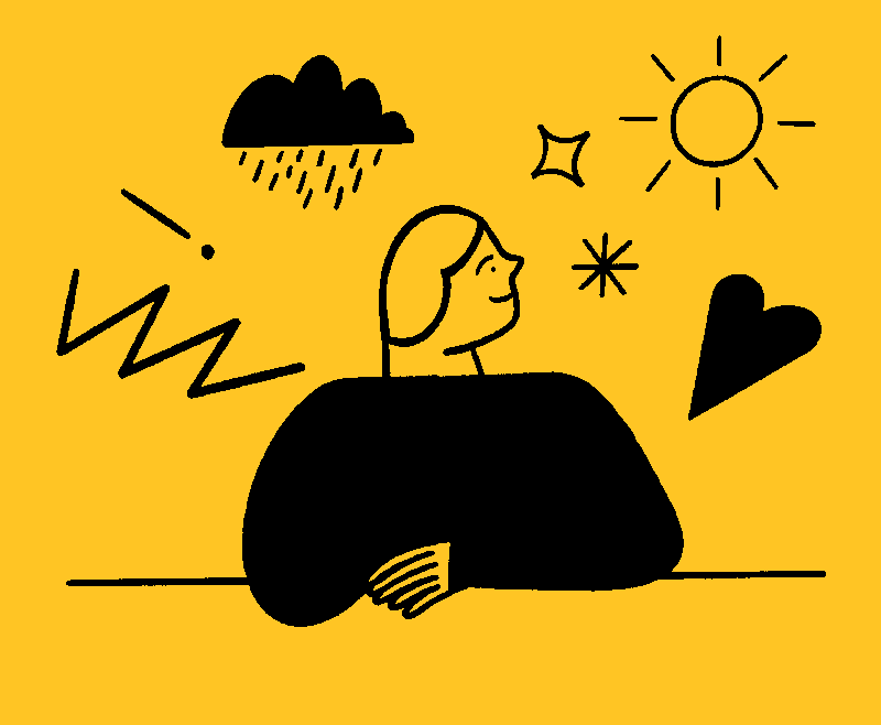 character with lightning, storm, sun, heart, illustrating a workshop on mental health at work