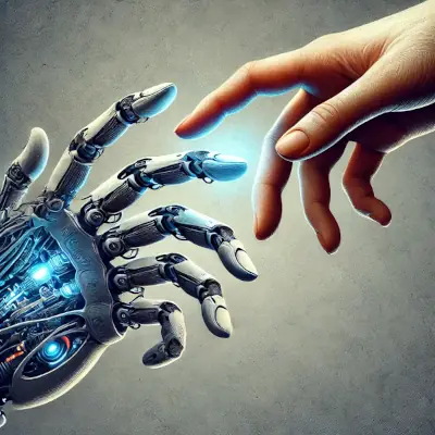 AI, impossible empathy: a human hand reaching out towards an android's hand.