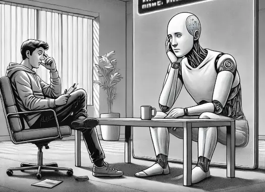 Being coached by Artificial Intelligence: a man and a robot face to face at a table, drinking coffee.