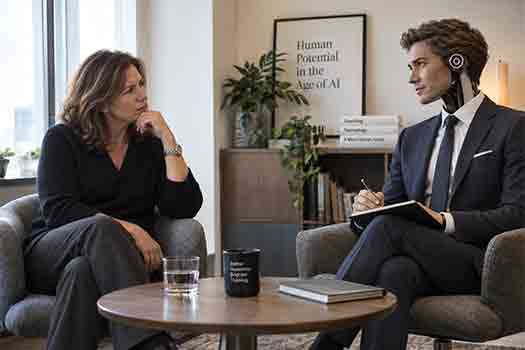 Se faire coacher par une IA. Vraiment ? Séance de coaching: une femme humaine se fait coacher par un humanoïde masculin, assis autour d'une table. Image générée par une IA.